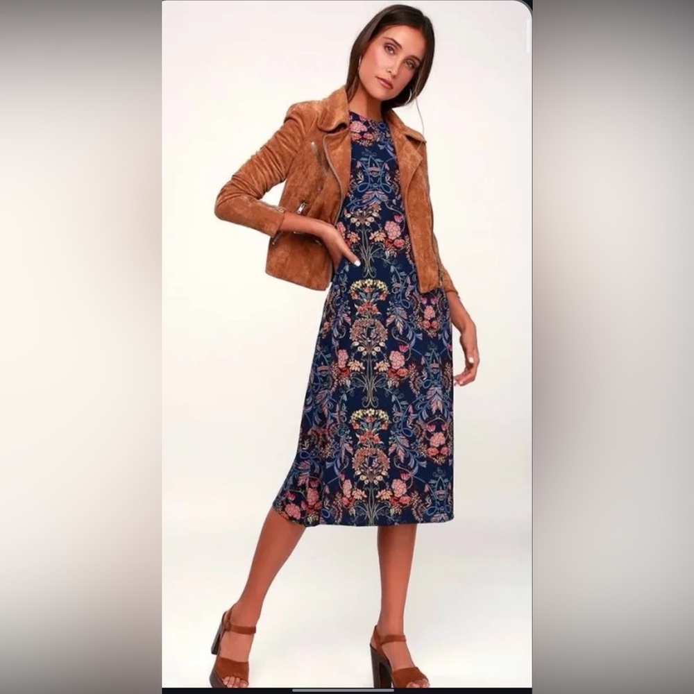 I. Madeleine Lulus Garden Splendor Navy Floral Print Long Sleeve Midi Dress L